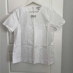 J. Crew White Short-Sleeve Blouse with Rhinestone Bow Accent
